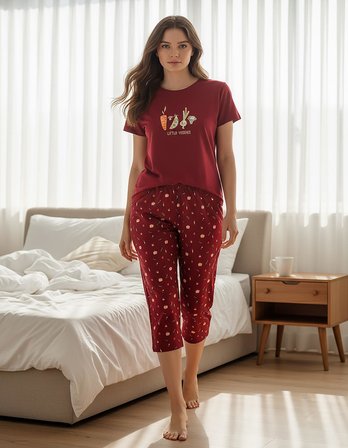 Mihra Kadın %100 Pamuk Bisiklet Yaka Kısa Kol KAPRİ  Pijama Takımı 90787kk - 1 Adet