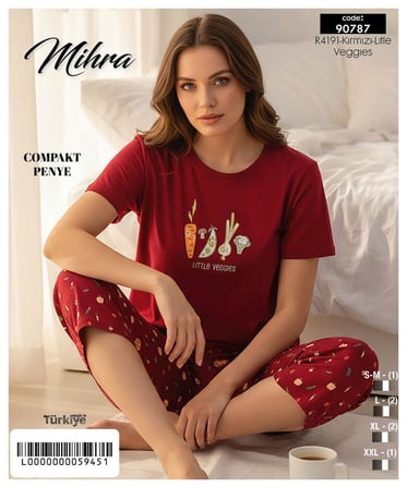 Mihra Kadın %100 Pamuk Bisiklet Yaka Kısa Kol KAPRİ  Pijama Takımı 90787kk - 1 Adet