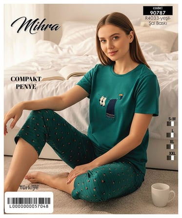 Mihra Kadın %100 Pamuk Bisiklet Yaka Kısa Kol KAPRİ  Pijama Takımı 90787P - 1 Adet