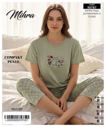 Mihra Kadın %100 Pamuk Bisiklet Yaka Kısa Kol KAPRİ  Pijama Takımı 90787Y - 1 Adet