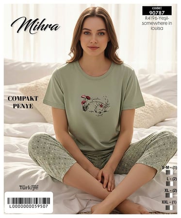 Mihra Kadın %100 Pamuk Bisiklet Yaka Kısa Kol KAPRİ  Pijama Takımı 90787Y - 1 Adet