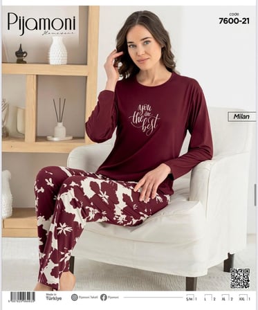 Pijamoni Kadın Milan Bisiklet Yaka Uzun Kol İnce Pijama Takımı 7600/21 - 1 Adet