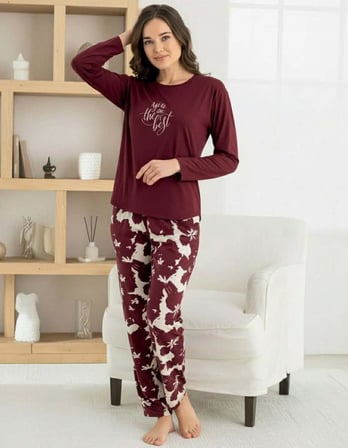 Pijamoni Kadın Milan Bisiklet Yaka Uzun Kol İnce Pijama Takımı 7600/21 - 1 Adet
