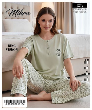 Mihra Kadın Ring Viskon Düğmeli Yaka Kısa Kol Likralı Pijama Takımı 40112Y - 1 Adet