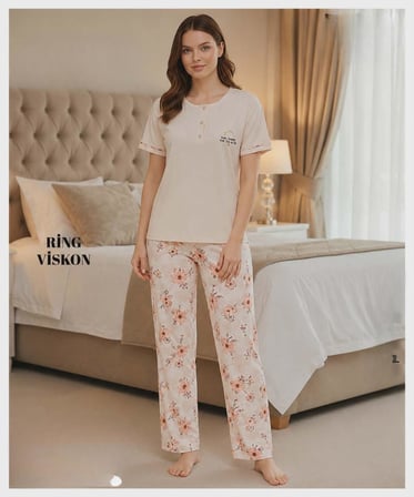 Mihra Kadın Ring Viskon Düğmeli Yaka Kısa Kol Likralı Pijama Takımı 40112B - 1 Adet
