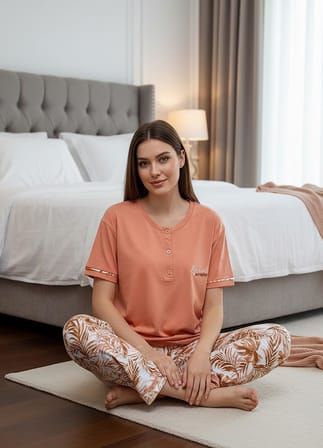 Mihra Kadın Ring Viskon Düğmeli Yaka Kısa Kol Likralı Pijama Takımı 40112K - 1 Adet
