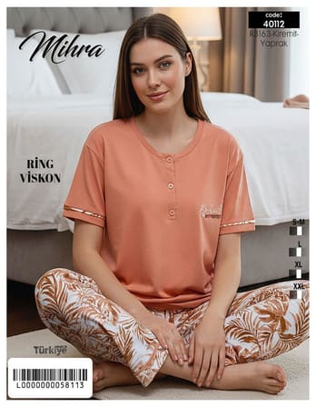 Mihra Kadın Ring Viskon Düğmeli Yaka Kısa Kol Likralı Pijama Takımı 40112K - 1 Adet