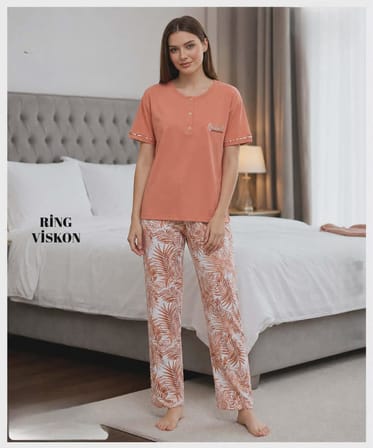 Mihra Kadın Ring Viskon Düğmeli Yaka Kısa Kol Likralı Pijama Takımı 40112K - 1 Adet