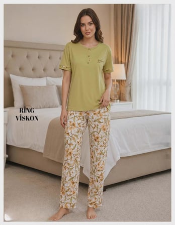 Mihra Kadın Ring Viskon Düğmeli Yaka Kısa Kol Likralı Pijama Takımı 40112FY - 1 Adet