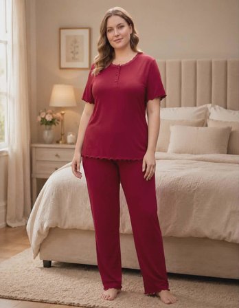 Derya Kadın Bambo Büyük Beden Düğme Yaka İnce Kısa Kol Pijama Takımı 7941 - 1 Adet