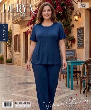 Derya Kadın Bambo Büyük Beden Düğme Yaka İnce Kısa Kol Pijama Takımı 7942 - 1 Adet