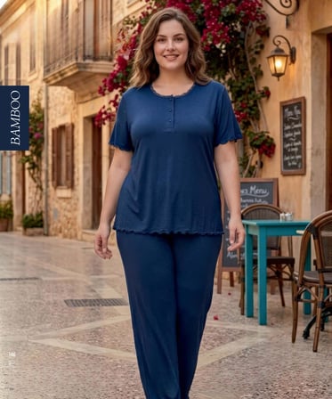 Derya Kadın Bambo Büyük Beden Düğme Yaka İnce Kısa Kol Pijama Takımı 7942 - 1 Adet