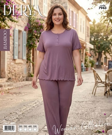 Derya Kadın Bambo Büyük Beden Düğme Yaka İnce Kısa Kol Pijama Takımı 7943 - 1 Adet