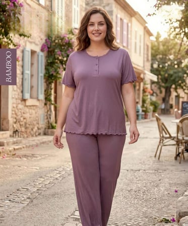 Derya Kadın Bambo Büyük Beden Düğme Yaka İnce Kısa Kol Pijama Takımı 7943 - 1 Adet