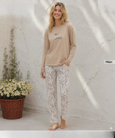 Pijamoni Kadın Milan Bisiklet Yaka Uzun Kol İnce Pijama Takımı 7600/24B - 1 Adet