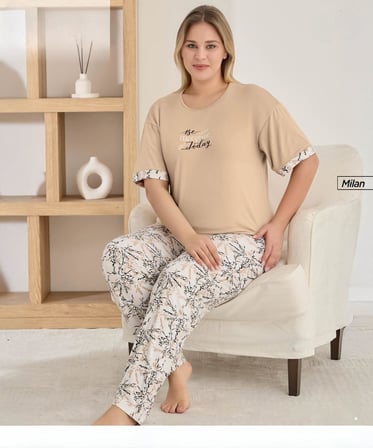 Pijamoni Kadın Milan Büyük Beden Bisiklet Yaka Kısa Kol İnce Pijama Takımı 7665/3B - 1 Adet