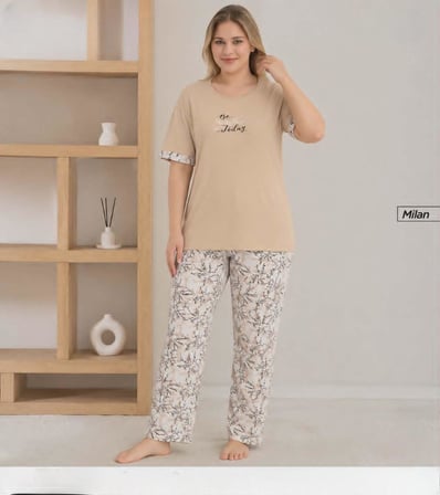 Pijamoni Kadın Milan Büyük Beden Bisiklet Yaka Kısa Kol İnce Pijama Takımı 7665/3B - 1 Adet