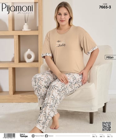 Pijamoni Kadın Milan Büyük Beden Bisiklet Yaka Kısa Kol İnce Pijama Takımı 7665/3B - 1 Adet
