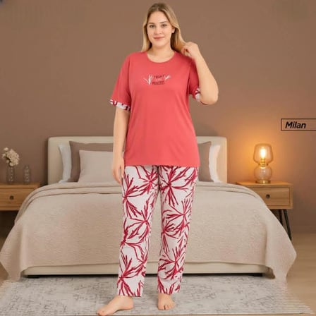 Pijamoni Kadın Milan Büyük Beden Bisiklet Yaka Kısa Kol İnce Pijama Takımı 7665/7K - 1 Adet