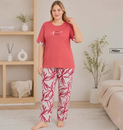 Pijamoni Kadın Milan Büyük Beden Bisiklet Yaka Kısa Kol İnce Pijama Takımı 7665/7K - 1 Adet