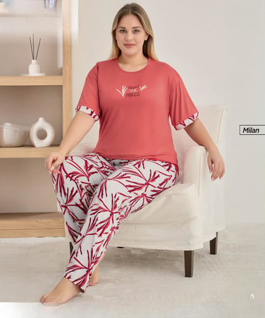 Pijamoni Kadın Milan Büyük Beden Bisiklet Yaka Kısa Kol İnce Pijama Takımı 7665/7K - 1 Adet