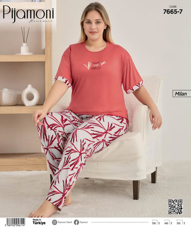 Pijamoni Kadın Milan Büyük Beden Bisiklet Yaka Kısa Kol İnce Pijama Takımı 7665/7K - 1 Adet