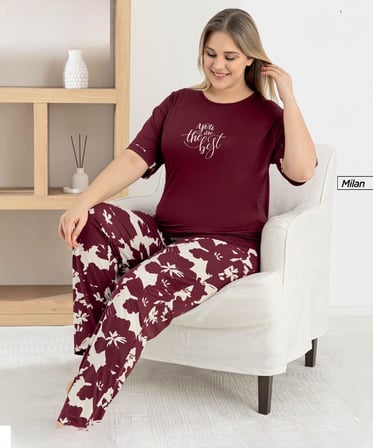 Pijamoni Kadın Milan Büyük Beden Bisiklet Yaka Kısa Kol İnce Pijama Takımı 7665/13B - 1 Adet