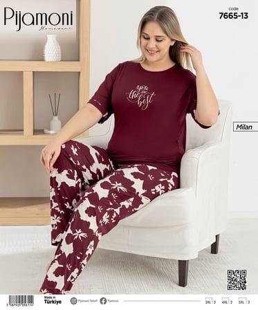 Pijamoni Kadın Milan Büyük Beden Bisiklet Yaka Kısa Kol İnce Pijama Takımı 7665/13B - 1 Adet