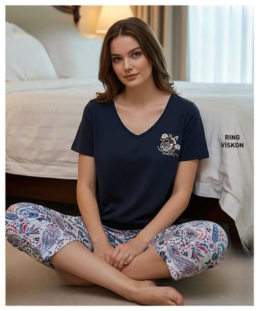Mihra Kadın Viskon V Yaka Kısa Kol KAPRİ Likralı Pijama Takımı 40111L - 1 Adet