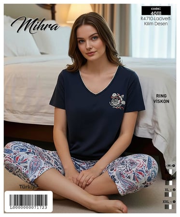 Mihra Kadın Viskon V Yaka Kısa Kol KAPRİ Likralı Pijama Takımı 40111L - 1 Adet