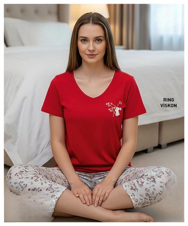 Mihra Kadın Viskon V Yaka Kısa Kol KAPRİ Likralı Pijama Takımı 40111K - 1 Adet