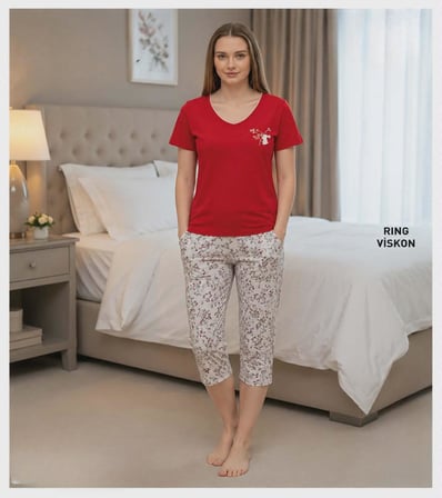Mihra Kadın Viskon V Yaka Kısa Kol KAPRİ Likralı Pijama Takımı 40111K - 1 Adet