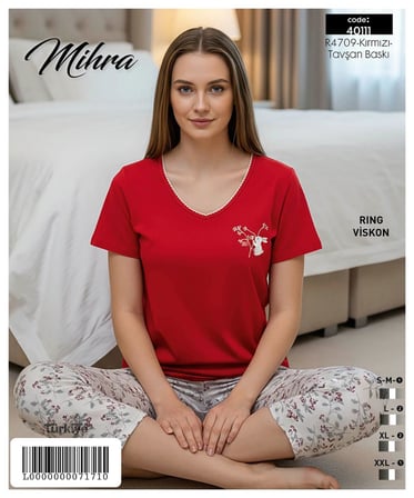 Mihra Kadın Viskon V Yaka Kısa Kol KAPRİ Likralı Pijama Takımı 40111K - 1 Adet