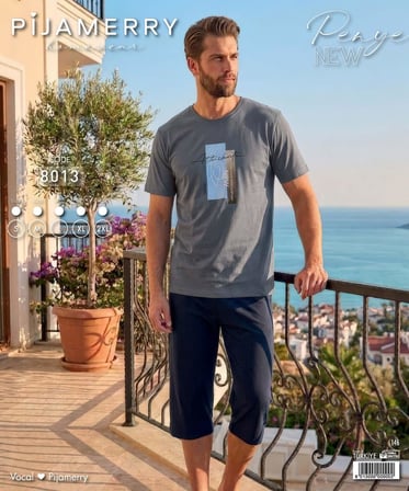 Pijamerry Erkek Bisiklet Yaka Kısa Kol Kapri Pijama Takımı 8013 - 1 Adet