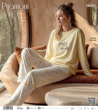 Pijamoni Kadın Likralı Pamuklu Bisiklet Yaka Uzun Kol İnce Pijama Takımı 1300/1 - 1 Adet