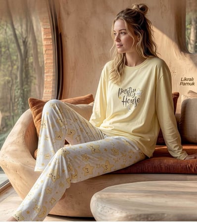 Pijamoni Kadın Likralı Pamuklu Bisiklet Yaka Uzun Kol İnce Pijama Takımı 1300/1 - 1 Adet