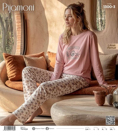 Pijamoni Kadın Likralı Pamuklu Bisiklet Yaka Uzun Kol İnce Pijama Takımı 1300/3 - 1 Adet