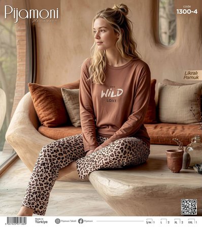 Pijamoni Kadın Likralı Pamuklu Bisiklet Yaka Uzun Kol İnce Pijama Takımı 1300/4 - 1 Adet