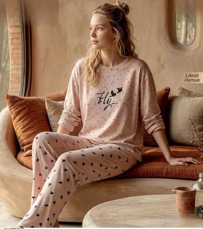 Pijamoni Kadın Likralı Pamuklu Bisiklet Yaka Uzun Kol İnce Pijama Takımı 1300/6 - 1 Adet