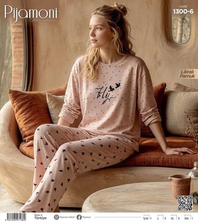 Pijamoni Kadın Likralı Pamuklu Bisiklet Yaka Uzun Kol İnce Pijama Takımı 1300/6 - 1 Adet