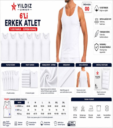 Yıldız Çamaşır Erkek Süprem Askılı Atlet (00-135-136) - 6 Adet