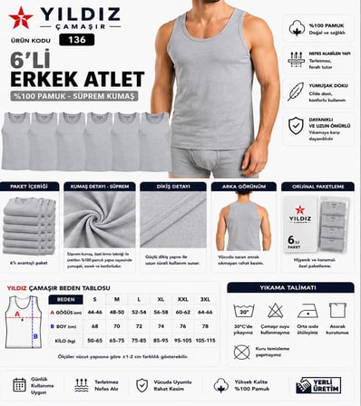 Yıldız Çamaşır Erkek Süprem Askılı Atlet (00-135-136) - 6 Adet