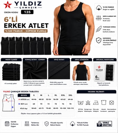 Yıldız Çamaşır Erkek Süprem Askılı Atlet (00-135-136) - 6 Adet