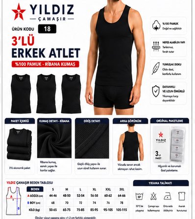 Yıldız Çamaşır Erkek Ribana Askılı Atlet (04-18-21) - 3 Adet