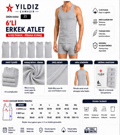 Yıldız Çamaşır Erkek Ribana Askılı Atlet (04-18-21) - 6 Adet