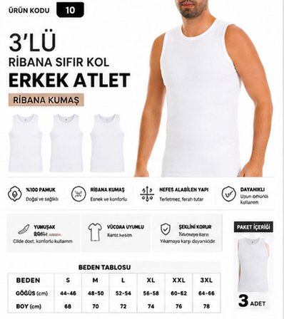 Yıldız Çamaşır Erkek Ribana Sıfır Kol Bisiklet Yaka %100 Pamuk Fanila Atlet (10-11-14) - 3 Adet