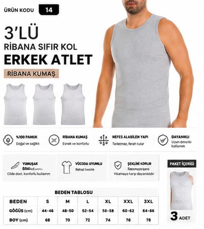 Yıldız Çamaşır Erkek Ribana Sıfır Kol Bisiklet Yaka %100 Pamuk Fanila Atlet (10-11-14) - 3 Adet