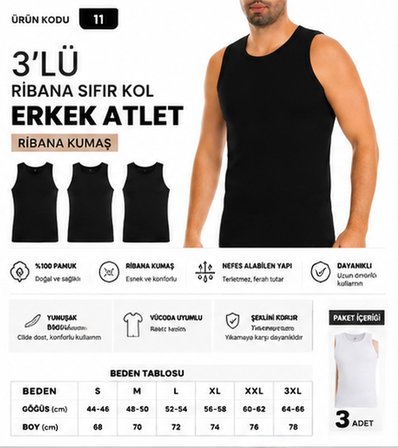 Yıldız Çamaşır Erkek Ribana Sıfır Kol Bisiklet Yaka %100 Pamuk Fanila Atlet (10-11-14) - 3 Adet