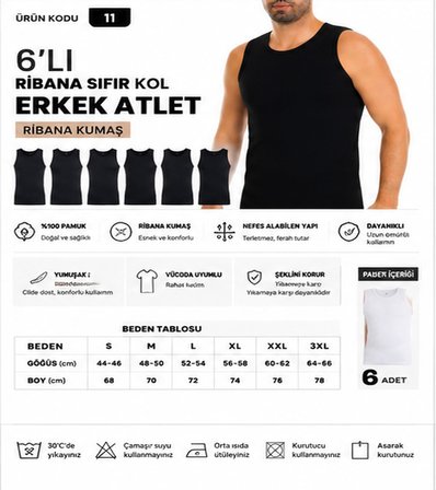 Yıldız Çamaşır Erkek Ribana Sıfır Kol Bisiklet Yaka %100 Pamuk Fanila Atlet (10-11-14) - 6 Adet