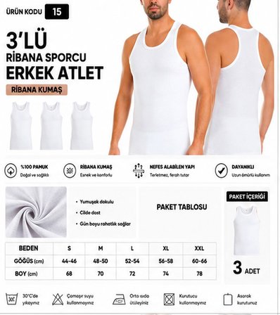 Yıldız Çamaşır Erkek Ribana Sporcu %100 Pamuk Atlet (15-17-19) - 3 Adet